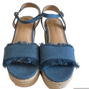 SOLD Versona Blue Denim Straw Wedge Sandals Size 6.5